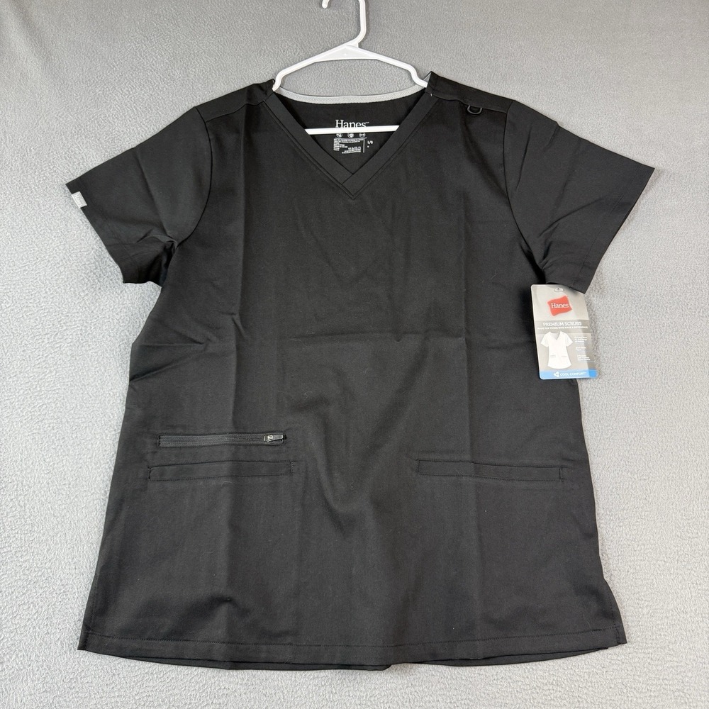 Hanes Womens Premium Scrubs Top Large Black 3 Pocket V-Neck Stretch